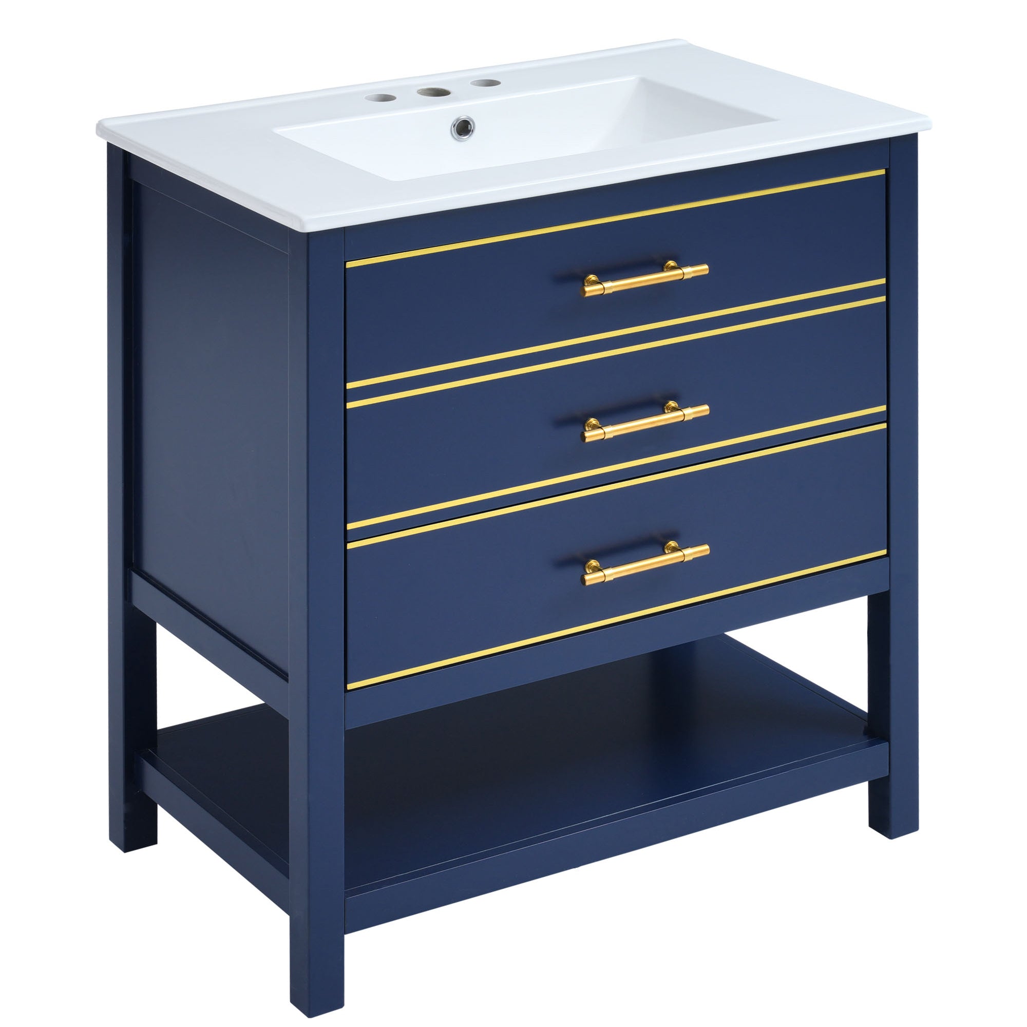 Modern 30inch Navy Blue/White Bathroom Vanity Cabinet Combo with Open Storge, Two Drawers