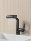 Pull-Out Lift LED Temperature Digital Display Bathroom Basin Faucet, Single Handle 360° Rotatable Waterfall 3-in-1 Basin Tap with Adjustable Height - Matte Black