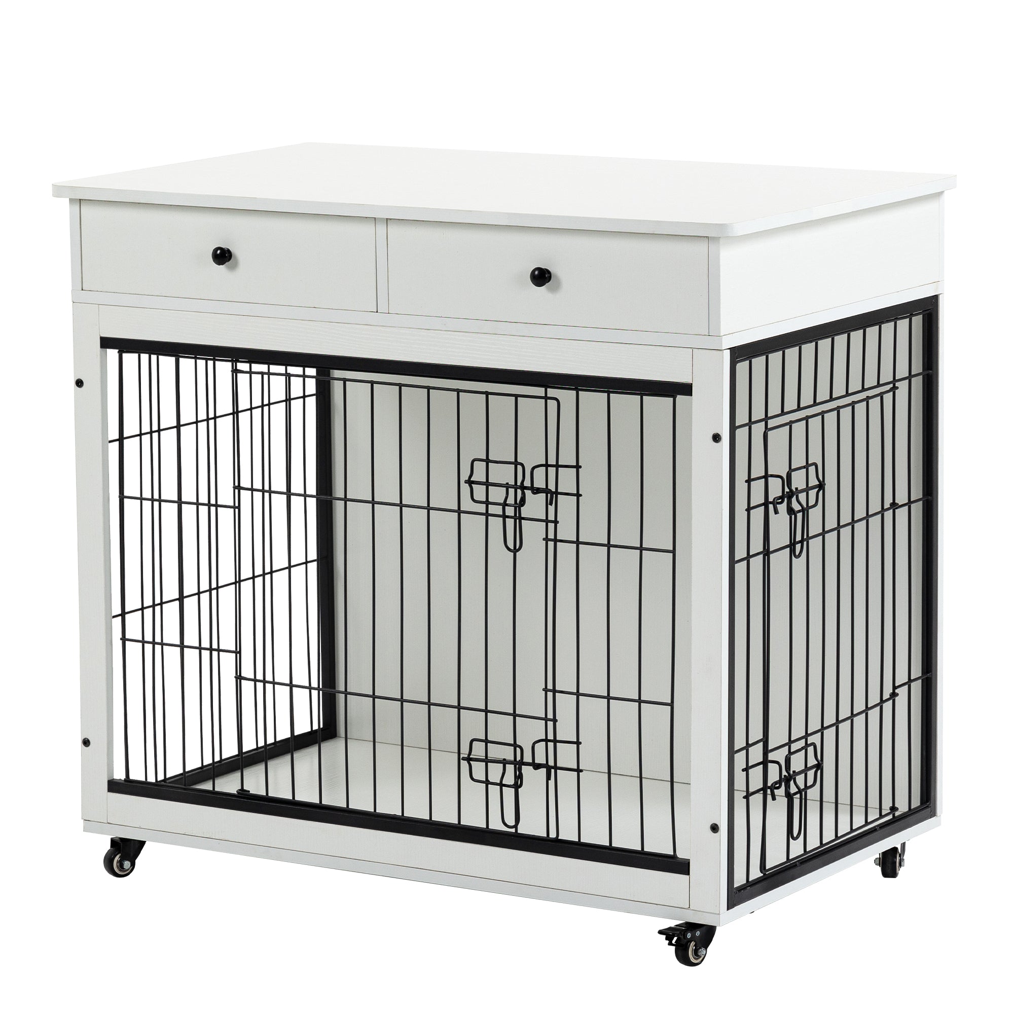 Dog Crate Furniture, Wooden Dog Crate End Table, 38.4 Inch Dog Kennel with 2 Drawers Storage, Heavy Duty Dog Crate, Decorative Pet Crate Dog Cage for Large Indoor Use (White) 38.4